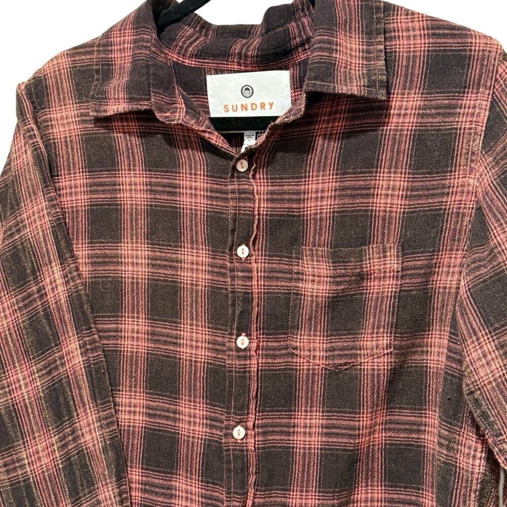 NWT Sundry Button Down Plaid Cotton Pink Black Shirt Womens size 1 Small - Picture 3 of 11